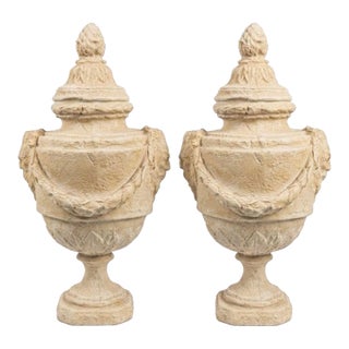 Pair of Grand Neoclassical Resin Garden Urns With Garlands and Lion Masques For Sale