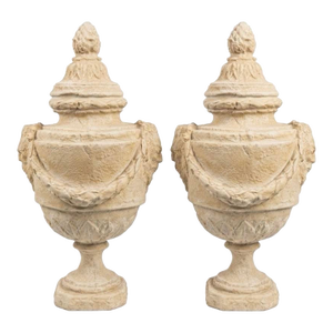 Pair of Grand Neoclassical Resin Garden Urns With Garlands and Lion Masques