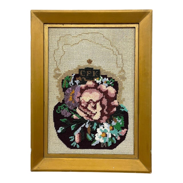 Decorative Hand-Beaded Floral Needlepoint Artwork With Original Pattern Papers and Provenance For Sale