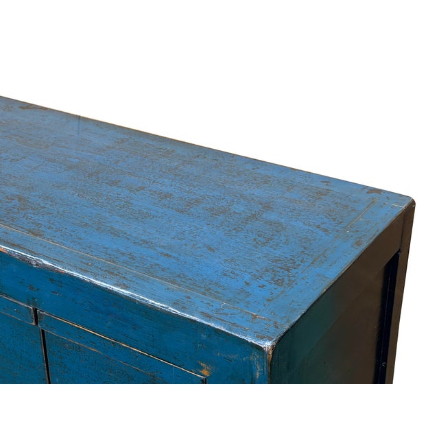 Vintage Distressed Cerulean Blue Doors Low Tv Stand Console Table Cabinet For Sale - Image 10 of 12