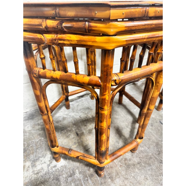 1980s Vintage Boho Burnt Bamboo Glass Top Drink Tables - A Pair For Sale - Image 5 of 7