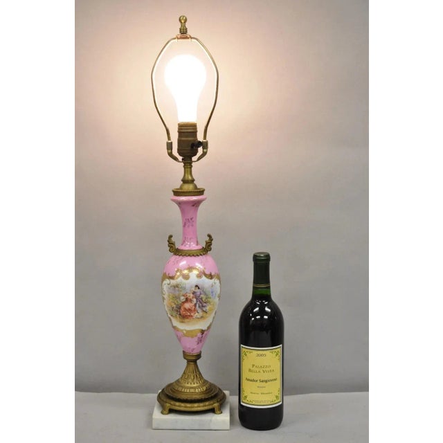 Antique French Victorian Pink Paris Porcelain Petite Urn Hand Painted Marble & Bronze Mounted Table Lamp. Circa Early 20th...