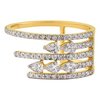 Luxury Multi-Row Diamond Open Cigar Cocktail Ring Size 6 in 14k Yellow Gold For Sale