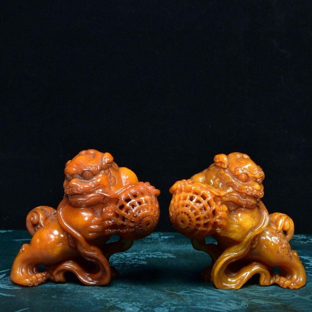 Pair of Shoushan Stone Guardian Lions – 3" Foo Dogs With Brocade Balls For Sale - Image 4 of 9