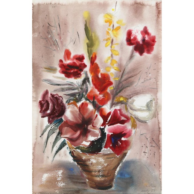 Contemporary Eve Nethercott, Red Flowers in Basket (P1.7), Watercolor on Paper For Sale - Image 3 of 3