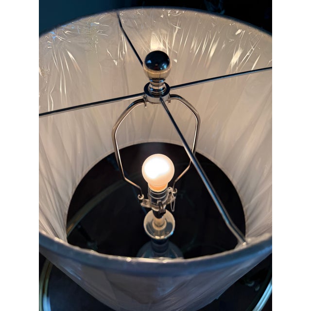 Contemporary Brass-Plated Polished Nickel & Lucite Table Lamp For Sale - Image 3 of 4
