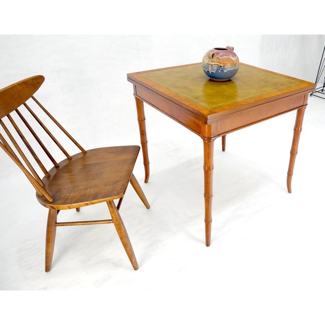 Mid 20th Century Fine Olive Green Leather Top Faux Bamboo Legs Flip Game Dining Table MINT For Sale - Image 5 of 14