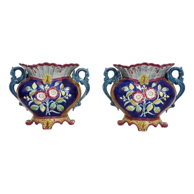 Antique Art Nouveau Dragon Handle Planters in Barbotine, 1920s, Set of 2 For Sale