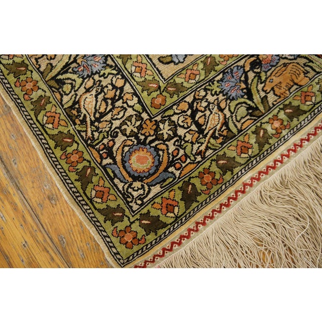 Mid 20th Century 1950s Beige Floral Animal Vintage Silk Turkish Hereke Rug 2' X 3' Handknotted Wool Carpet For Sale - Image 5 of 6