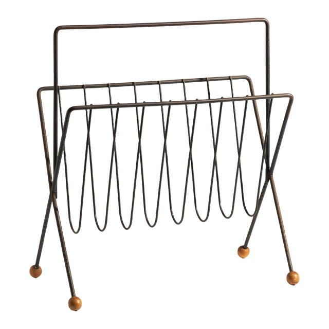 1950s Mid-Century Modern Iron and Wood Magazine Rack, Designed by Tony Paul For Sale