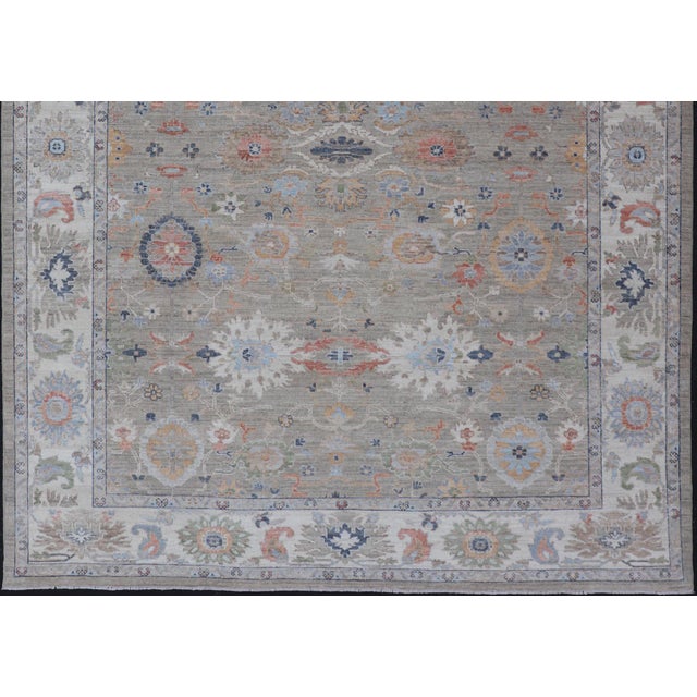 Modern Oushak Rug by Keivan Woven Arts, Muted Greens & Florals 9'0 X 12'4 For Sale In Atlanta - Image 6 of 15