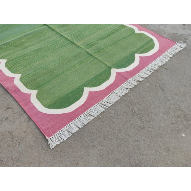 Not Yet Made - Made To Order Handmade Cotton Forest Green, Cream and Raspberry Pink Washed Border Scalloped Rug - 4'x6' For Sale - Image 5 of 11