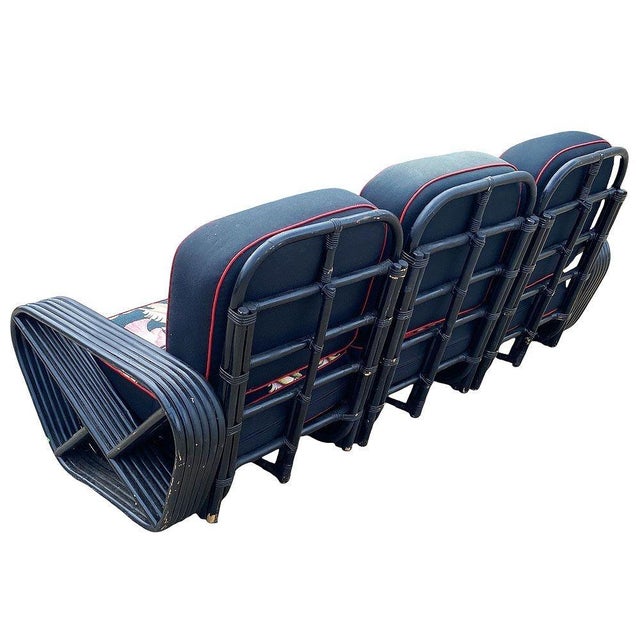 1950s Restored Black Frankl Style 6-Strand Square Pretzel Rattan Sofa Lounge Chair Set For Sale - Image 9 of 18