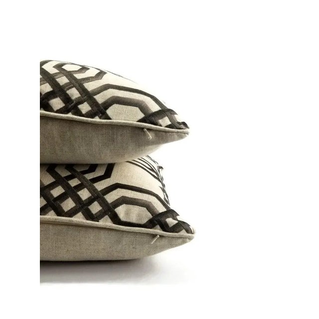 2010s Brown Embroidered Geometric Design on Linen and Self-Welt Pillow Cover - 20" X 20" For Sale - Image 5 of 7