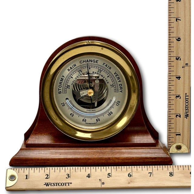 Fine Vintage Mid 20th Century Brass & Mahogany Ships Barometer & Thermometer by Esteemed Boston Maker "Chelsea" For Sale - Image 17 of 18