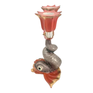 Herend Rare Dolphin / Koi Fish Rust Handpainted Porcelaine Double Candlestick