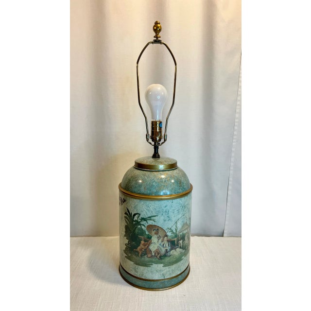 Chinoiserie Vintage Chelsea House Chinouserie Style Ginger Jar Tea Caddy Tin Table Lamp With Shade For Sale - Image 3 of 12
