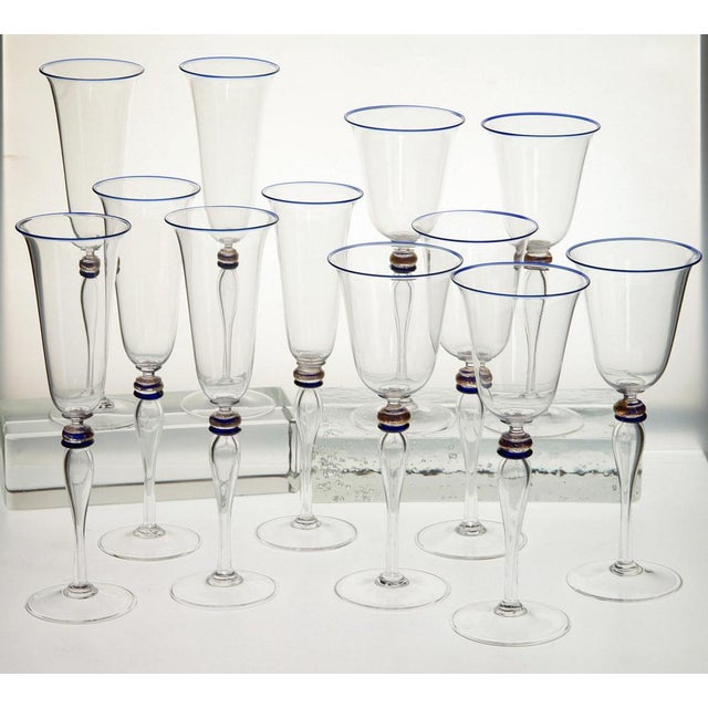Metal Stemmed Flute Glasses in Murano Glass with Cobalt and Gold Accents by Cenedese, 1980s, Set of 6 For Sale - Image 7 of 18