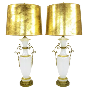 Chapman Neoclassical White Milk Glass Table Lamps With Brass Appliques - a Pair