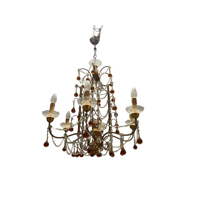 Italian Florentine Giltwood and Amber Murano Glass Drop 6-Light Chandelier, 1950s For Sale - Image 15 of 15