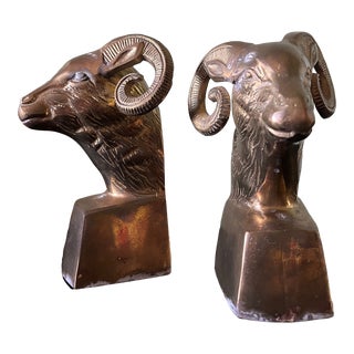 Pair of Mid Century Modern Brass Ram Bookends For Sale