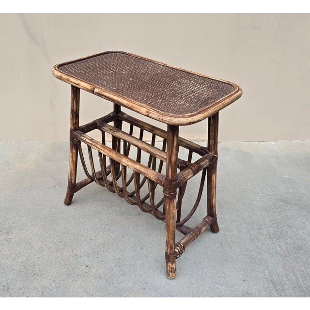 1970s Vintage Rustic Coastal Bamboo Rattan Brown Magazine Rack Side Table For Sale - Image 5 of 14