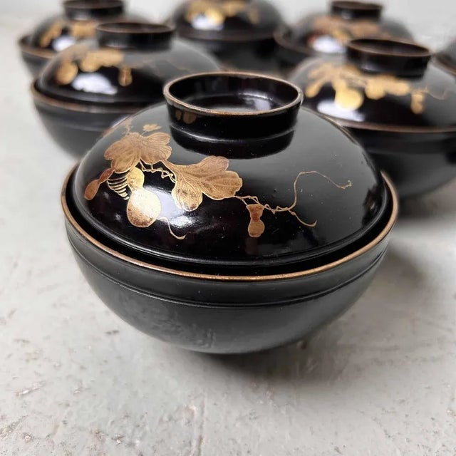 Urushi Maki-E Lidded Rice Bowls, Japan, 1920s, Set of 9 For Sale - Image 4 of 10