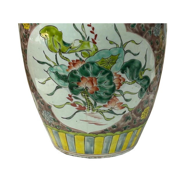 Vintage Chinese Color Porcelain Lotus Bird Scenery Pot Jar Vase For Sale - Image 12 of 12