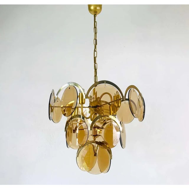 Mid-Century Modern Midcentury Three-Tier Brass and Glass Chandelier by Vistosi, 1960s For Sale - Image 3 of 13