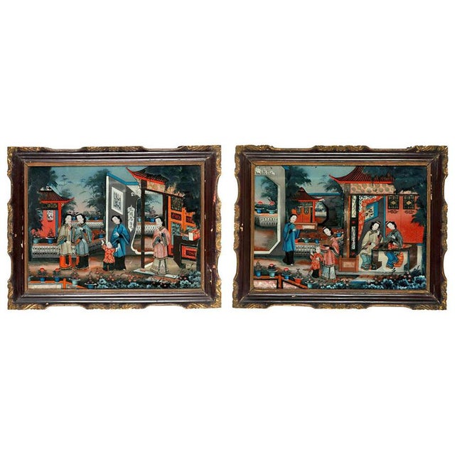 19th-Century Chinese Reverse-Painted Mirror Pictures, Set of 2 For Sale - Image 11 of 11