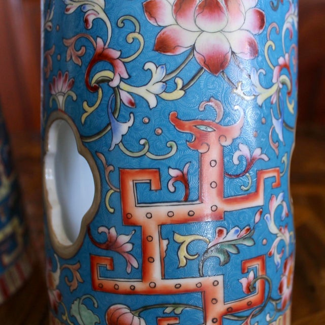 Glass Cerulean Blue Chinese Porcelain Hat Stand Vases - A Pair For Sale - Image 7 of 14
