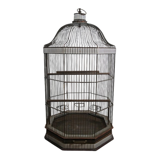 Mid 19th Century Monumental Antique Victorian Brass Octagonal Hanging Dome Top Bird Cage For Sale