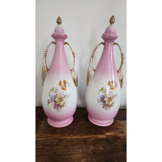 Antique Austrian Carl Larsen “Ruby & Emerald” Pink Porcelain Lidded Urn Vases – Pair, Circa 1900 For Sale In New York - Image 6 of 18