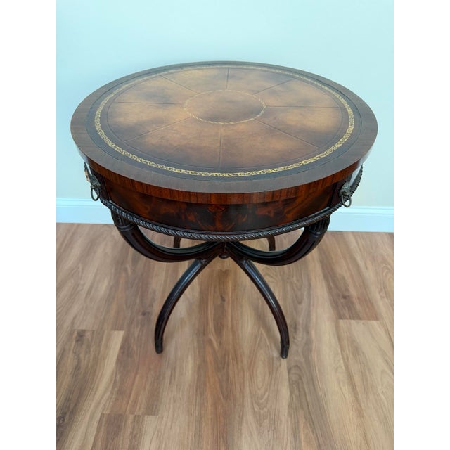 Mid-Century Regency Mahogany Drum Table With Lion Head Pulls For Sale In New York - Image 6 of 16