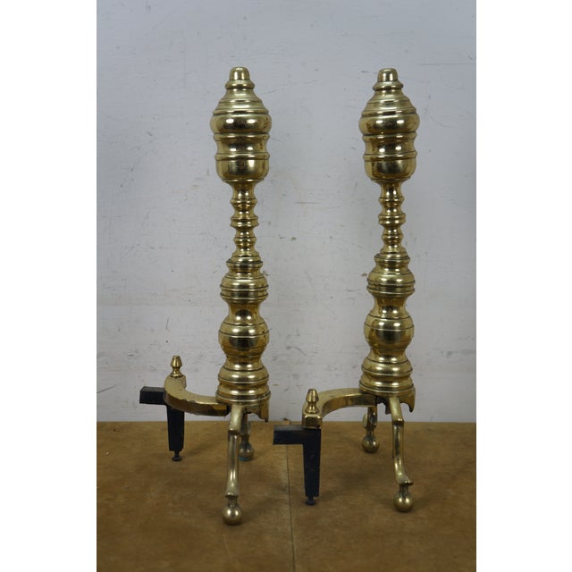 Antique Georgian Colonial Revival Brass Beehive Fire Dog Andirons - a Pair For Sale - Image 10 of 14