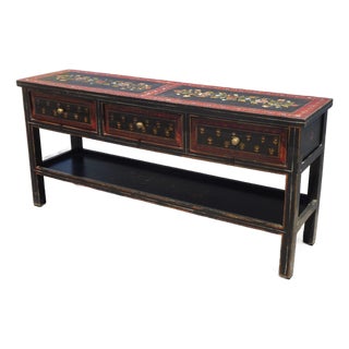 Vintage French Country Red Floral Console Table W a Floral Shelf For Sale
