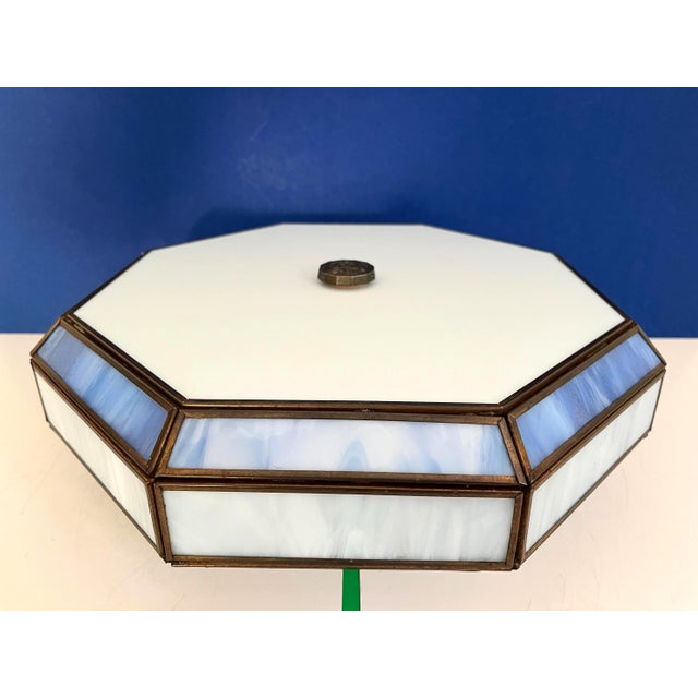 Louis Comfort Tiffany Mid Century Blue & White Tiffany Style Flush Light For Sale - Image 4 of 18
