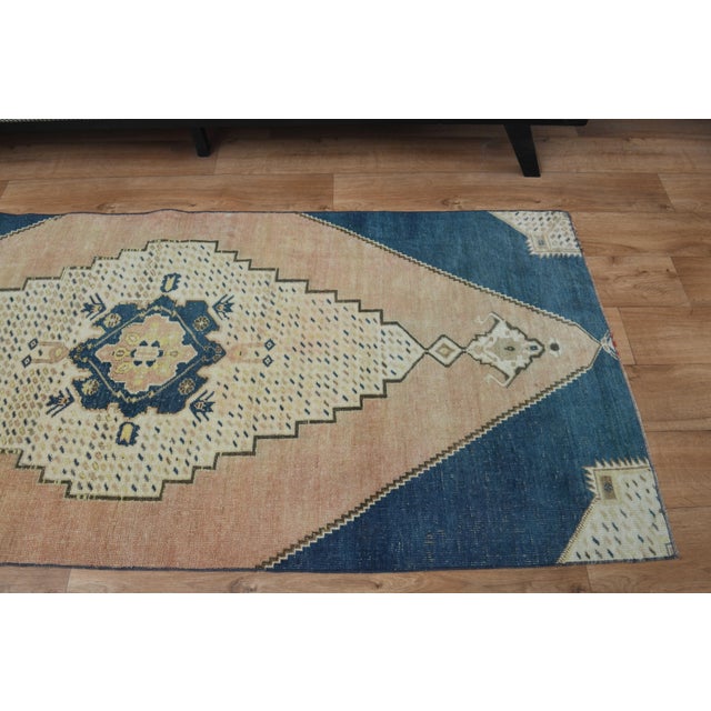 Blue 1970s Vintage Turkish Handmade Wool Cotton Blue Area Rug For Sale - Image 8 of 11