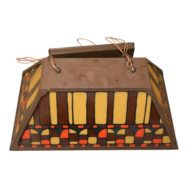 Vintage Mid-Century Brown, Orange, Yellow Slag Glass & Metal Pool Billiard Pendant Light For Sale