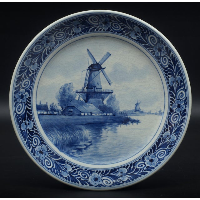 Antique Blue and White Delft Plate with Windmills, 1914 For Sale - Image 3 of 3