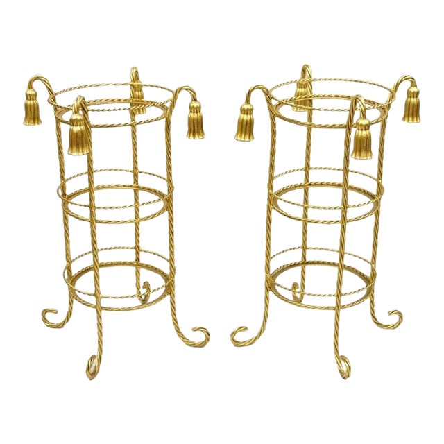 Mid 20th Century Italian Hollywood Regency 3 Tier Gold Iron Rope Tassel Stand Side Tables - Pair For Sale
