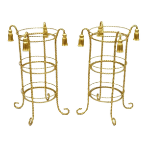 Mid 20th Century Italian Hollywood Regency 3 Tier Gold Iron Rope Tassel Stand Side Tables - Pair