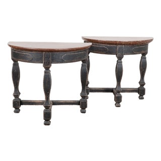 Pair Early 19th Century Swedish Baroque Stone Top Demilune Console Tables For Sale