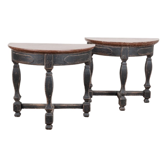 Pair Early 19th Century Swedish Baroque Stone Top Demilune Console Tables For Sale