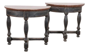 Pair Early 19th Century Swedish Baroque Stone Top Demilune Console Tables