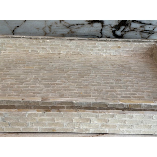 Pair of handmade inlaid Mother-of-Pearl rustic style nesting trays. Made in Indonesia.