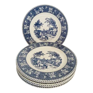 Vintage Homer Laughlin Shakespeare Country Blue & White Dinner Plates S/6