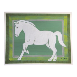 Horse Portrait Minimalism Fok Art Americana Green Antique White Gray Original Painting by Cleo Plowden For Sale