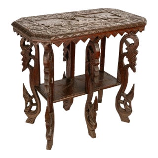 Antique Anglo Indian Carved Rosewood Six Legged Side Table Elephant Tiger 1900 For Sale