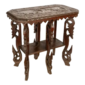Antique Anglo Indian Carved Rosewood Six Legged Side Table Elephant Tiger 1900